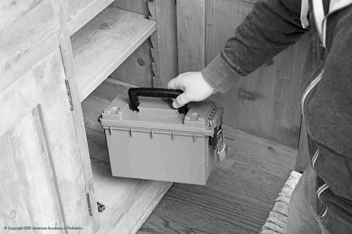 A person is placing a lockable plastic storage box with a black handle inside a wooden cabinet with shelves. The box has a padlock attached to its latch, suggesting secure storage. The scene is indoors, with part of a rug visible on the floor.