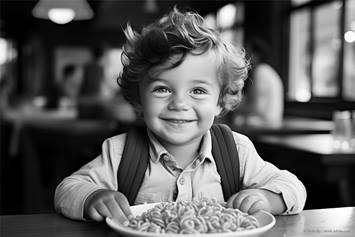 a little boy smiling over a big pile of pasta
