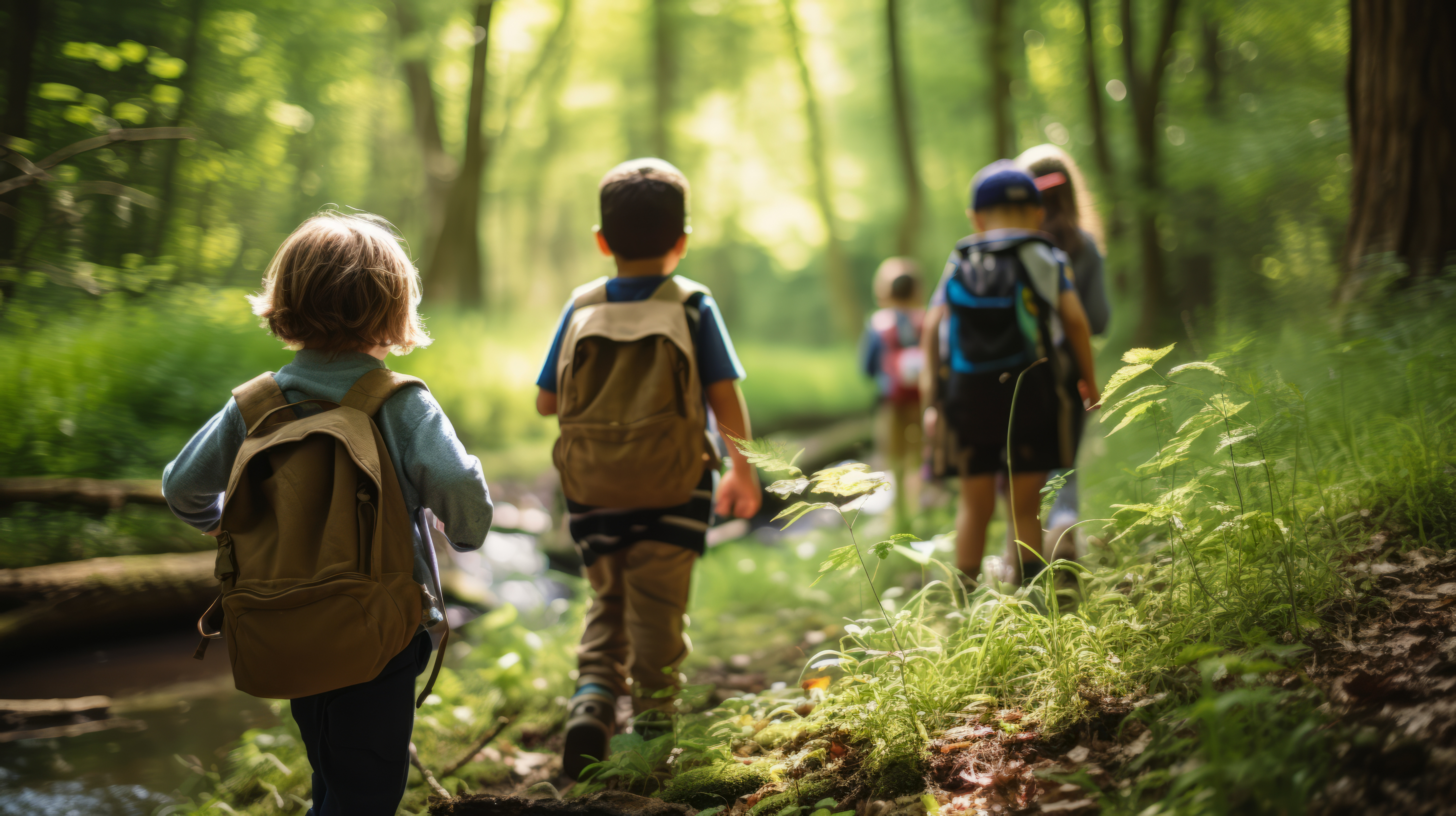 children walking with backpacks