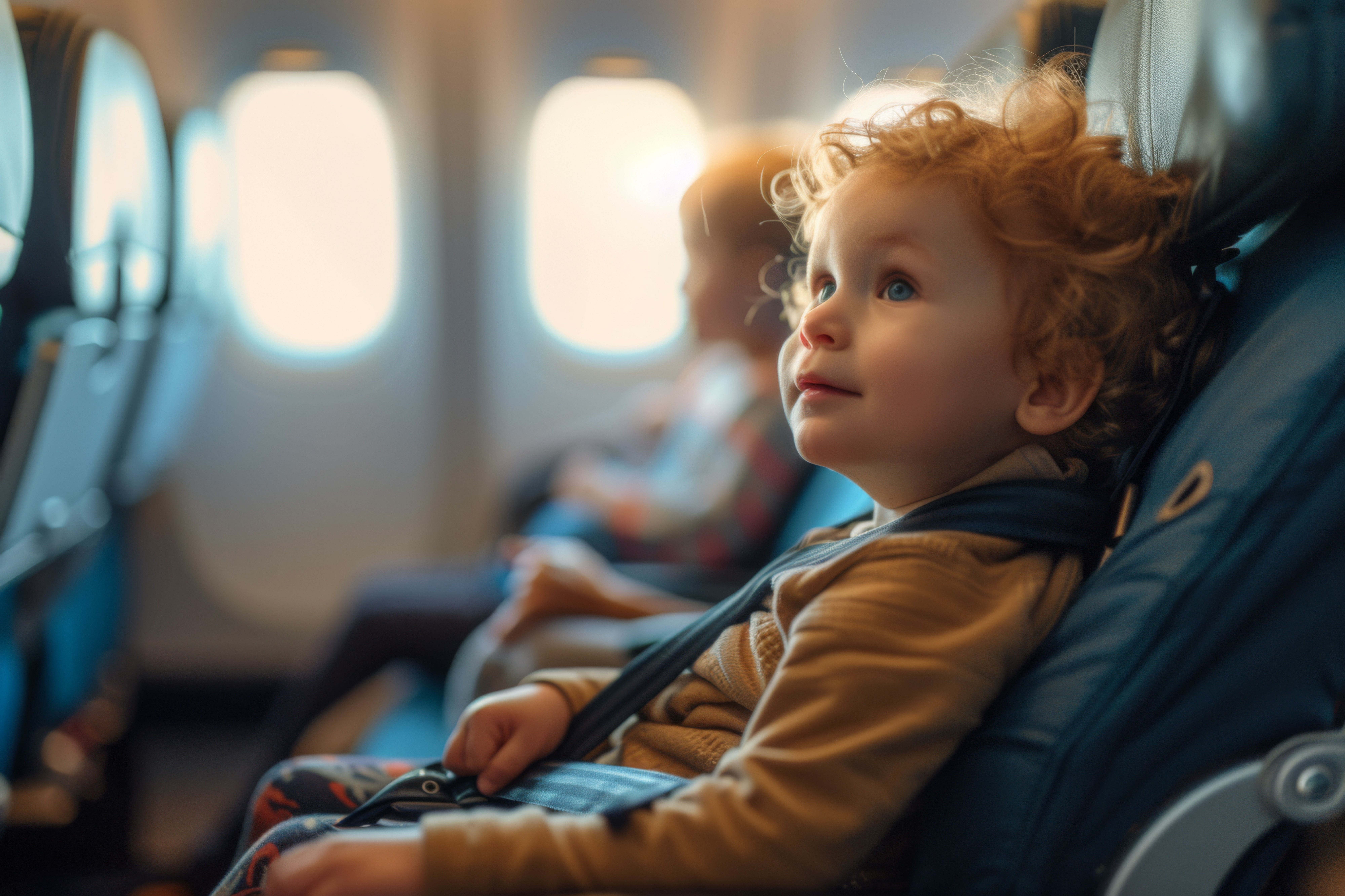 young child sitting in a car seat on a plane
