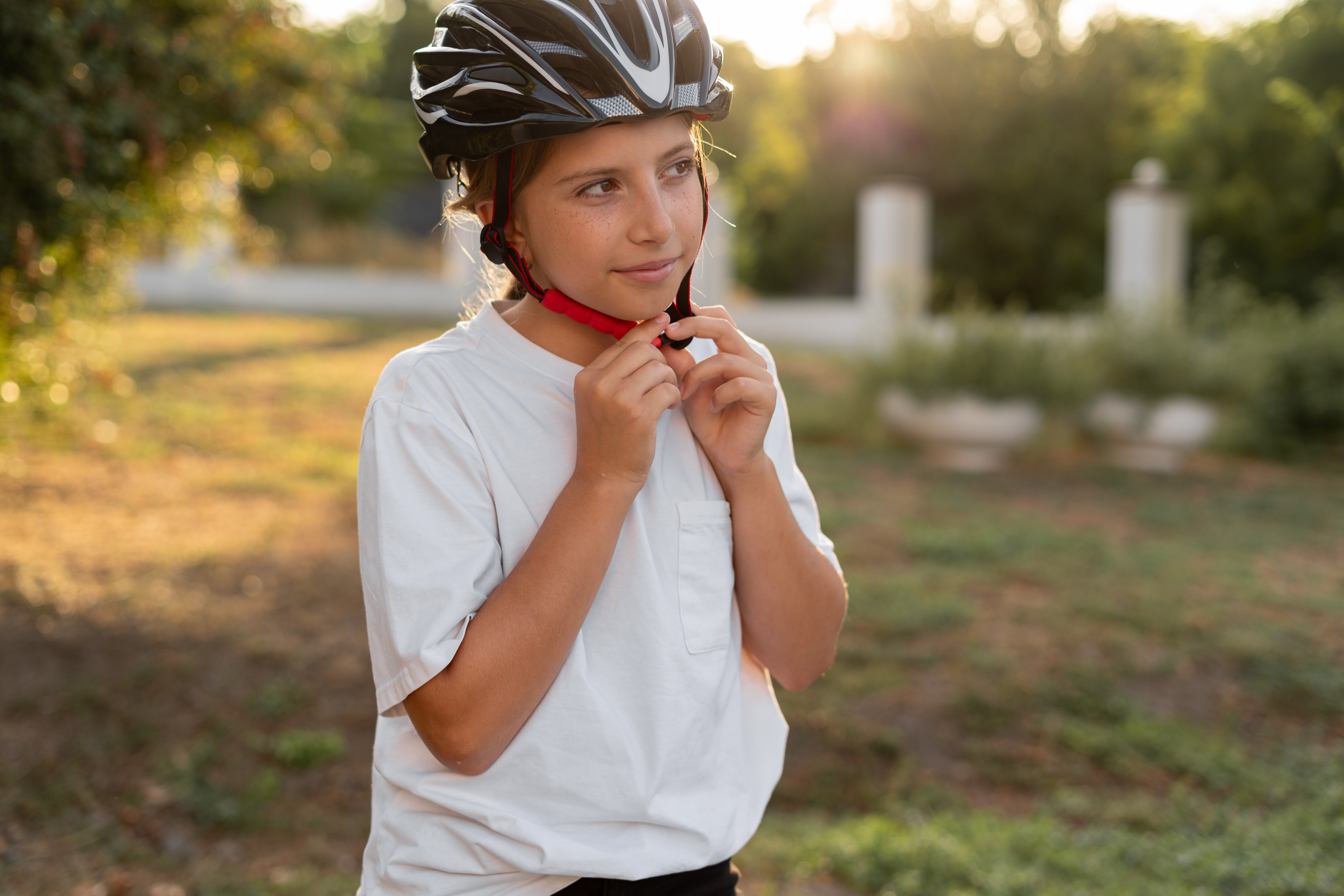 child wearing a white shirt, putting on a bike helmet