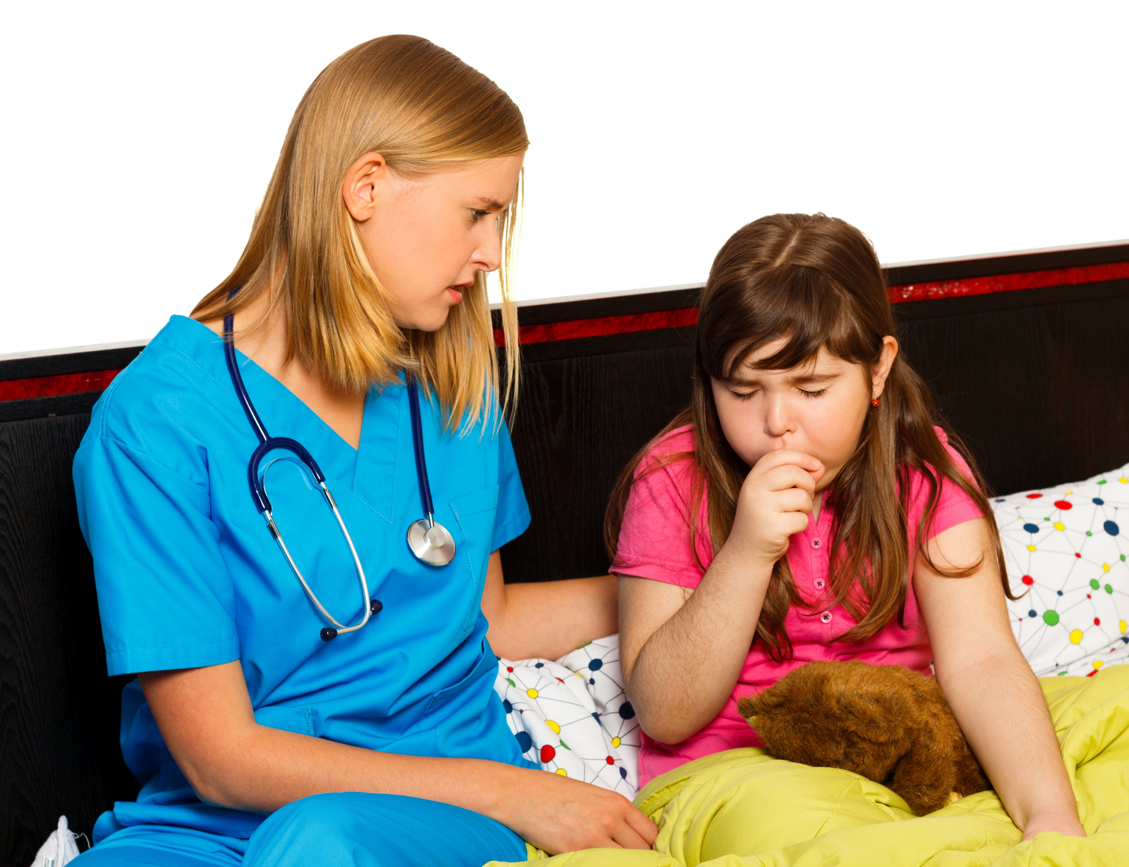 young girl coughing next to a physician
