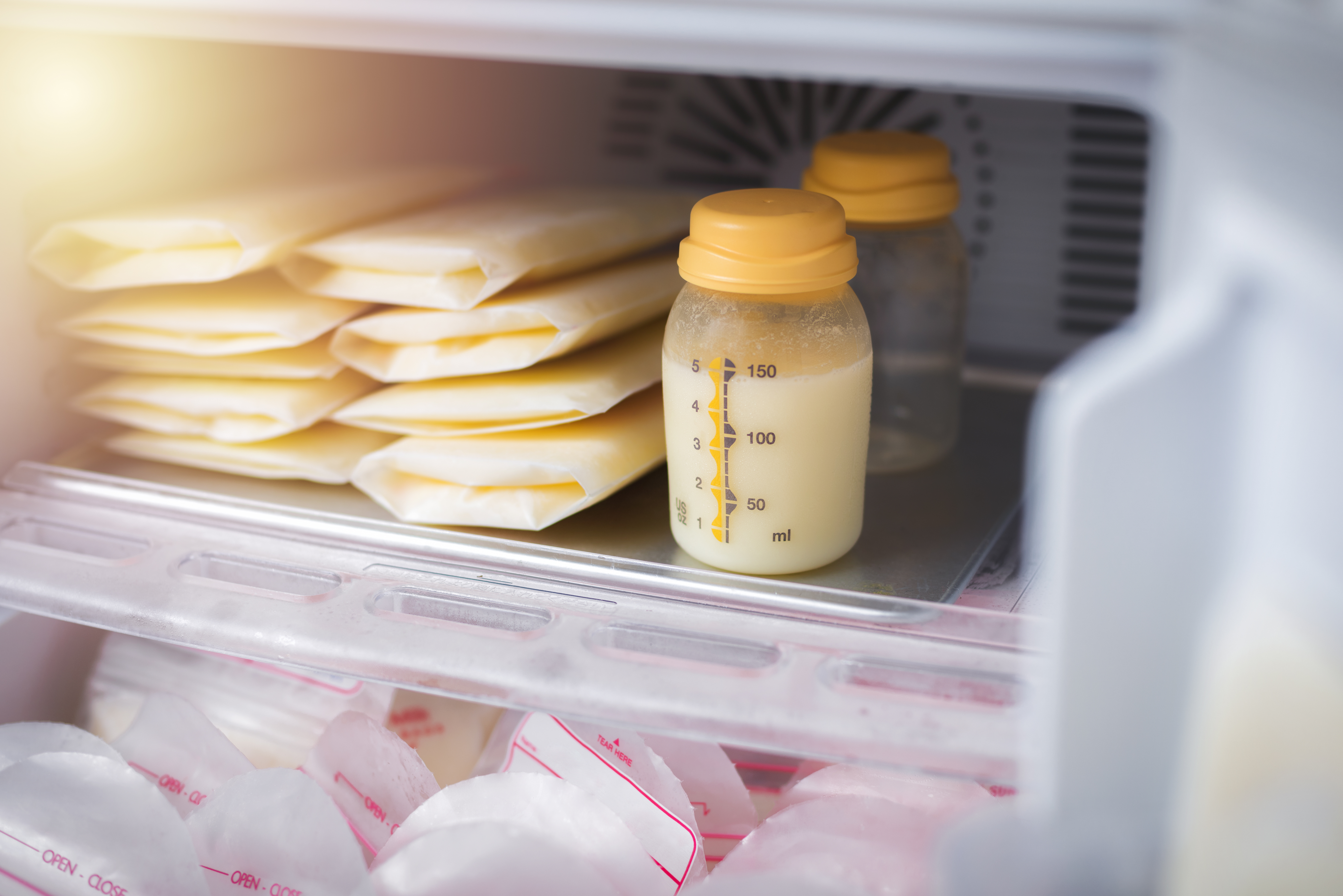 Breast milk properly stored in a refrigerator.
