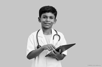 A young boy dressed as a doctor, wearing a white lab coat and stethoscope around his neck, smiles while holding and pointing to a tablet. The background is plain.
