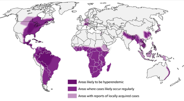 World map showing the geographic distribution of histoplasmosis.