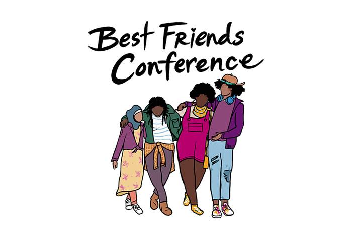 This logo says "Best Friends Conference" and shows four illustrated teenage girls, with their arms around each other's shoulders.
