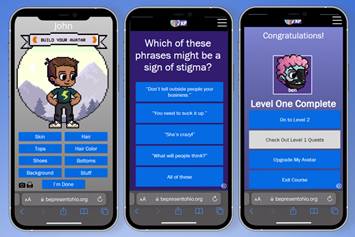 This graphic shows three mobile app screenshots, including a custom avatar.