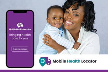 A smiling mom embraces her smiling infant. A purple phone screen shows the Mobile Health Locator app.