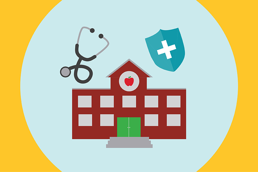 Icon of school exterior paired with stethoscope and medical shield icons