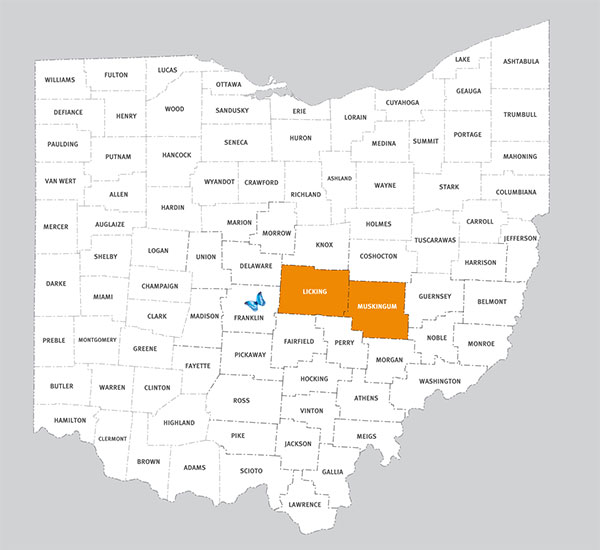 Ohio map with Licking and Muskingum counties highlighted. A small butterfly denotes where Nationwide Children's is located in Franklin County.