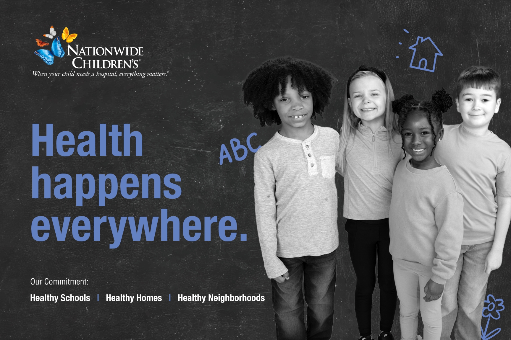 Black background photo with four school-aged kids. Image includes Nationwide Children's logo and 'Health Happens Everywhere' wording.