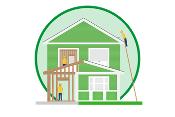 A green circular icon showcases a green two-story home, with three construction workers working on the home.