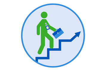 A blue circular icon shows a person holding a briefcase, walking forward and upward.