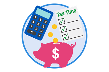 A blue circular icon shows a pink piggybank, a blue calculator and a "tax time" paper checklist.