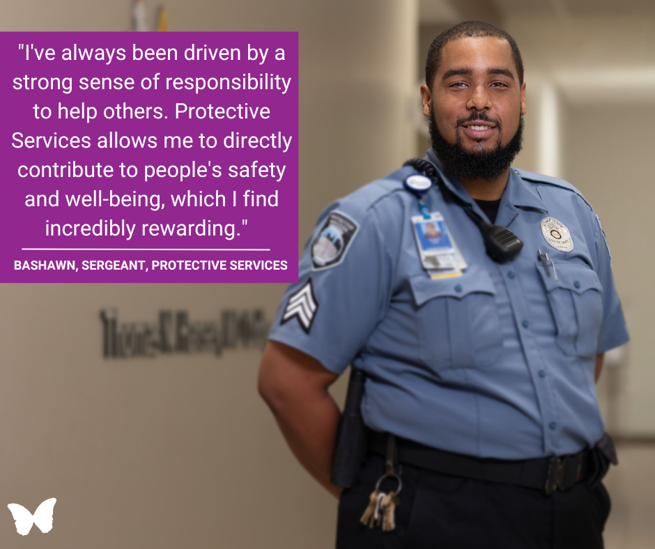 Sergeant Bashawn, a Protective Services officer, smiles in uniform beside his quote: "I've always been driven by a strong sense of responsibility to help others. Protective Services allows me to directly contribute to people's safety and well-being, which I find incredibly rewarding."