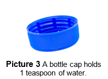 Image of a bottle cap that reads "Picture 3, A bottle cap holds 1 teaspoon of water." 