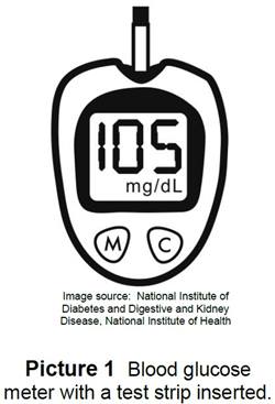 Blood glucose meter with test strip inserted