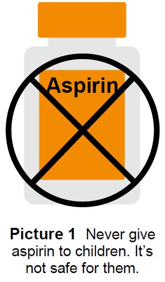 Bottle of aspirin with X through it. Do not give aspirin to children.