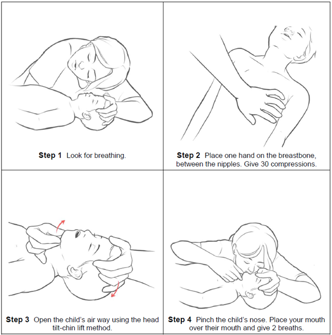 CPR, child, pre-puberty, 1 to puberty, check breathing, airways