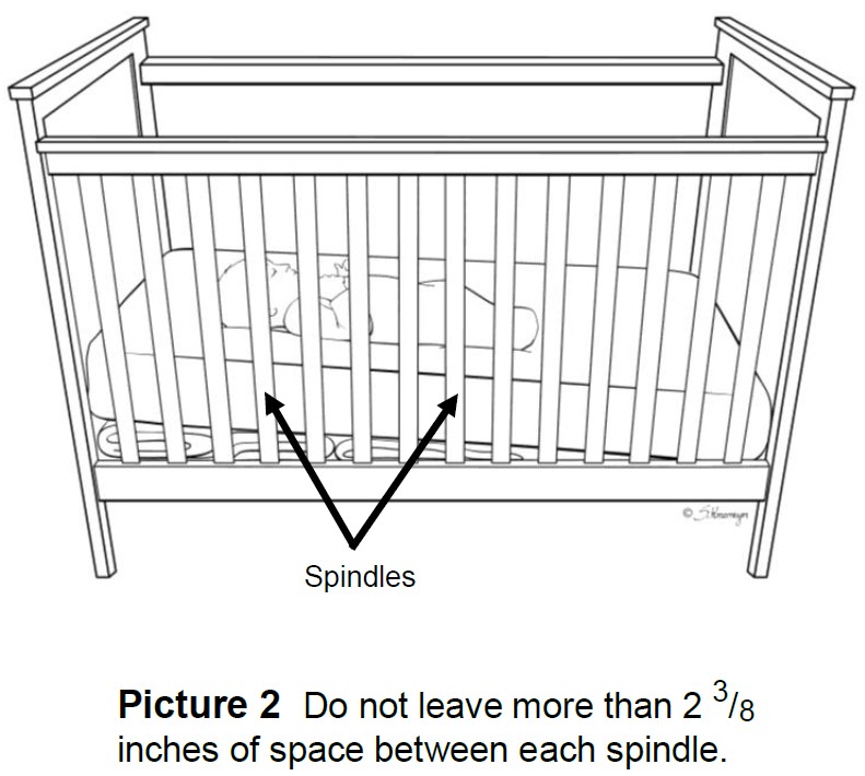Baby in a crib with arrows pointing at spindles