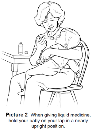  When giving liquid medicine, hold your baby on your lap in a nearly upright position