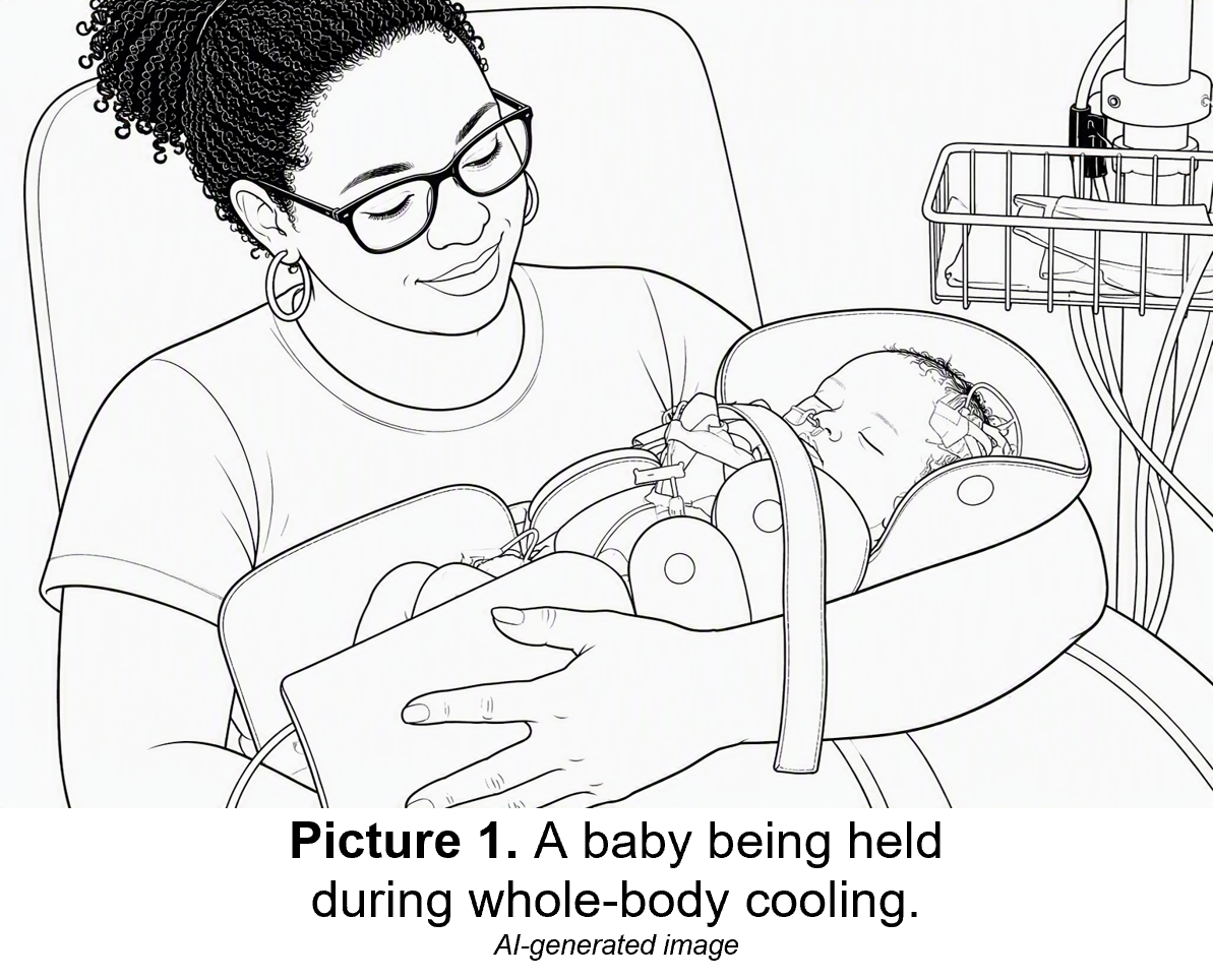 An AI-generated image of a parent holding their baby in a whole-body cooling blanket