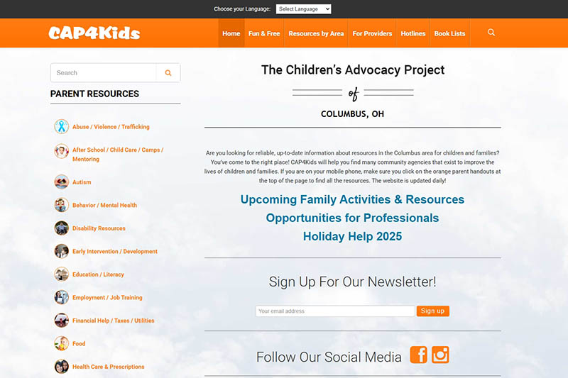 Screenshot of the Cap4Kids website homepage