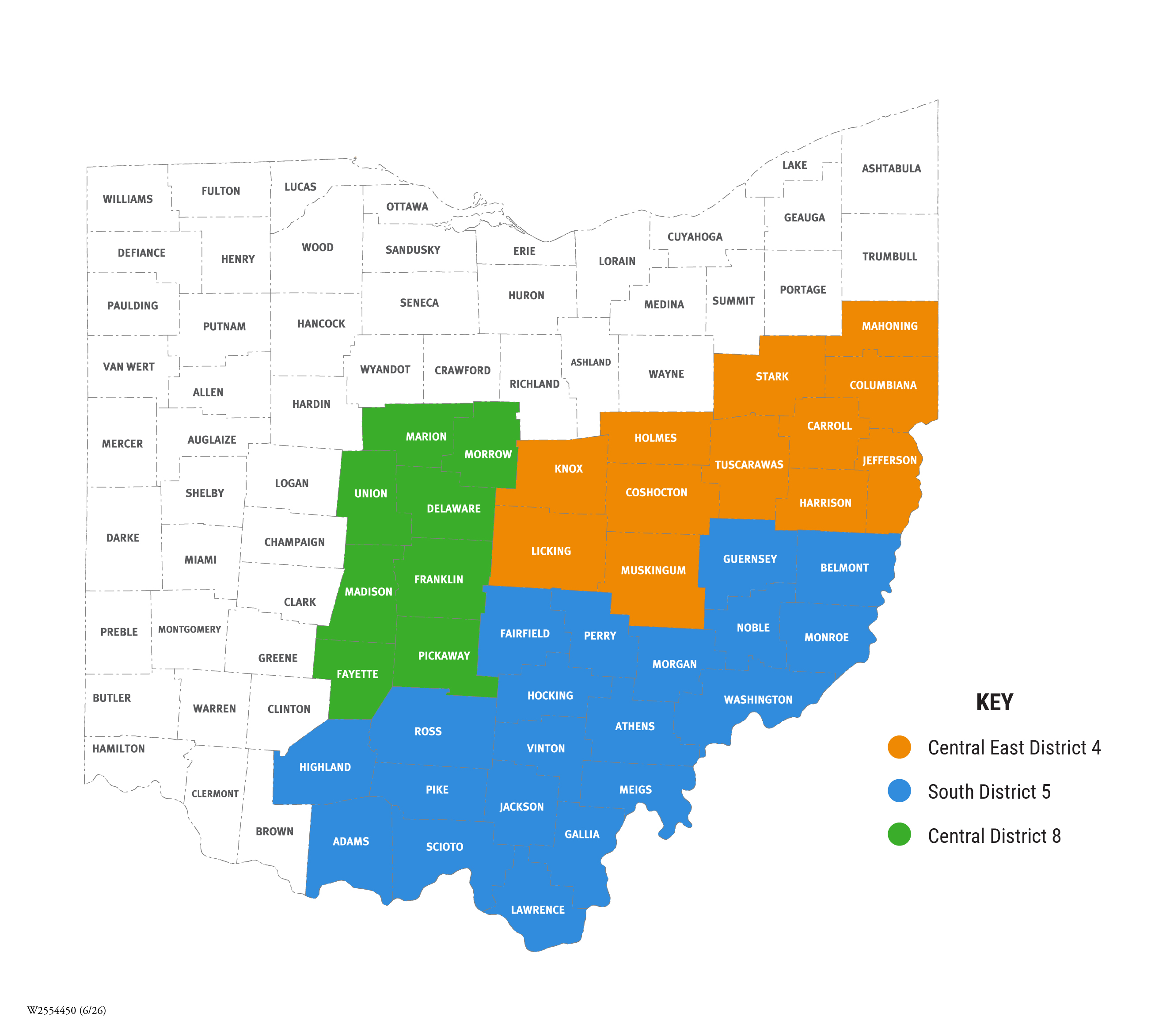 Map of Ohio PREP Service Districts.