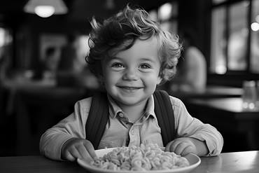 black and white photo of boy sitting at a table with a plate of food