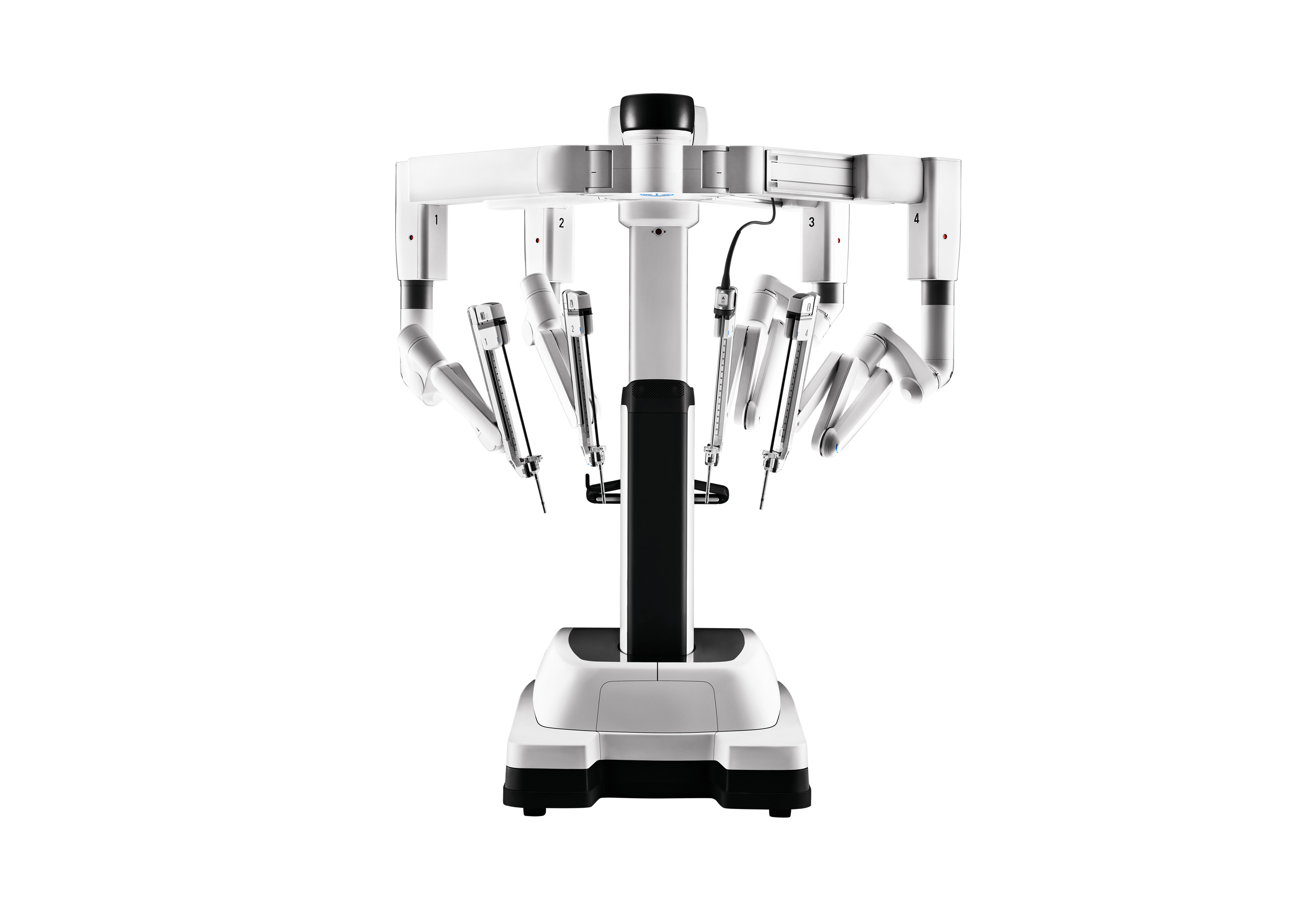 Front view of a white robotic surgical system with multiple articulated arms and precision instruments, designed for minimally invasive procedures. The machine has a central column with four robotic arms extending outward.
