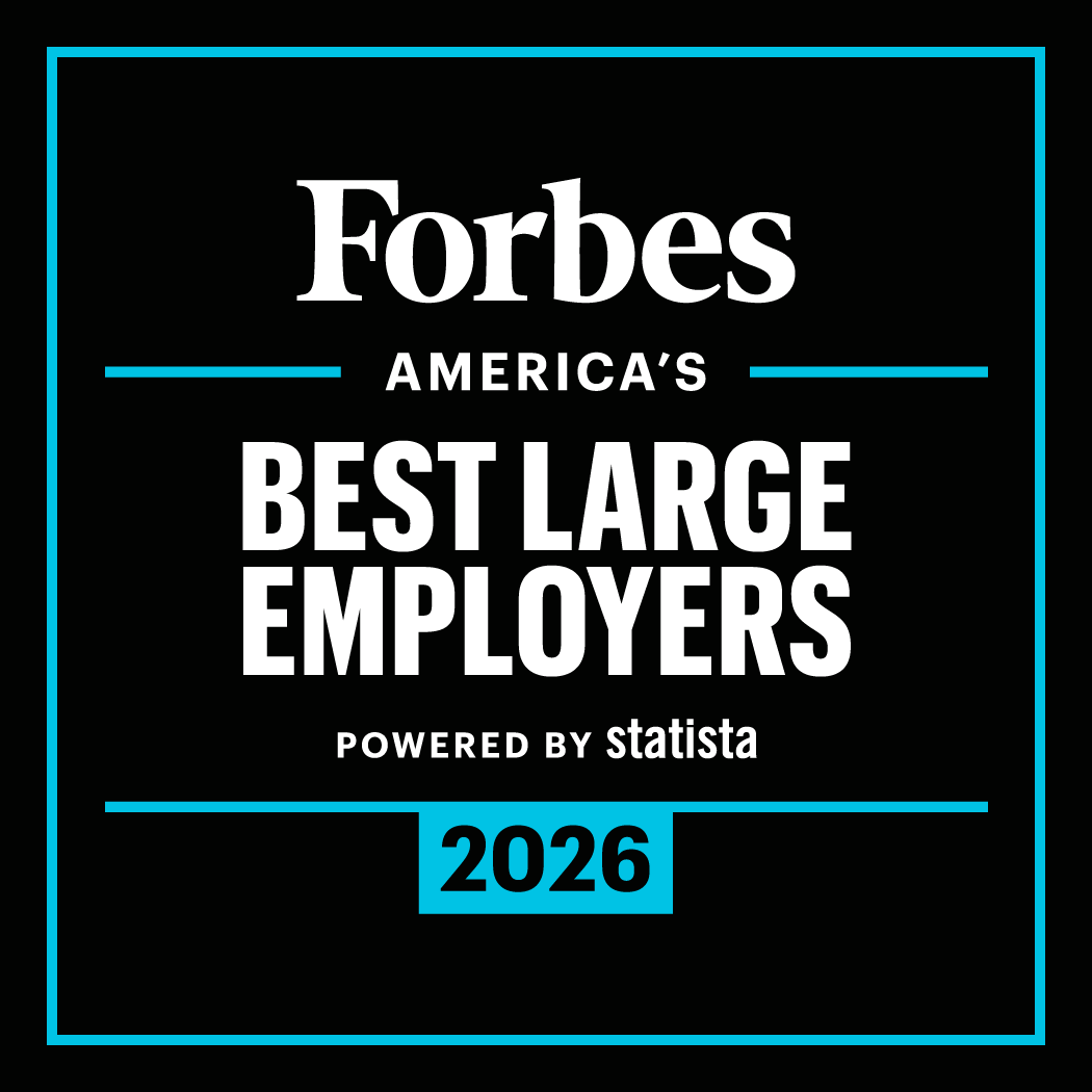 A black square badge with a cyan border featuring the Forbes logo at the top. Below it, white text reads “America’s Best Large Employers,” with smaller text underneath that says “Powered by Statista.” A cyan rectangle at the bottom displays the year “2026.”