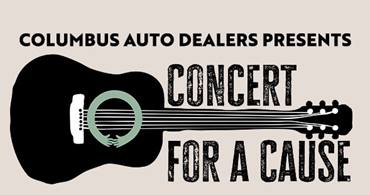 Graphic with a guitar that says "Columbus Auto Dealers presents Concert for a cause"