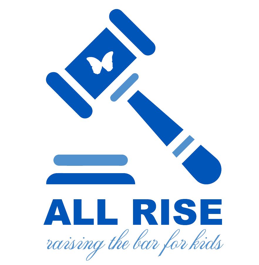 image of blue gavel with butterfly in it reading "All Rise raising the bar for kids"