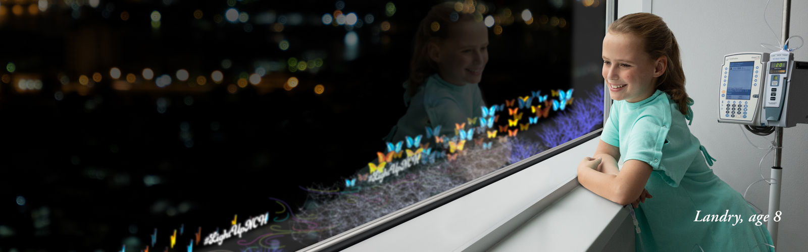 young girl looking out window at night