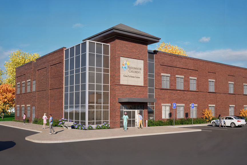 Digital rendering of the two-story, red brick Grove City Close To Home Center.