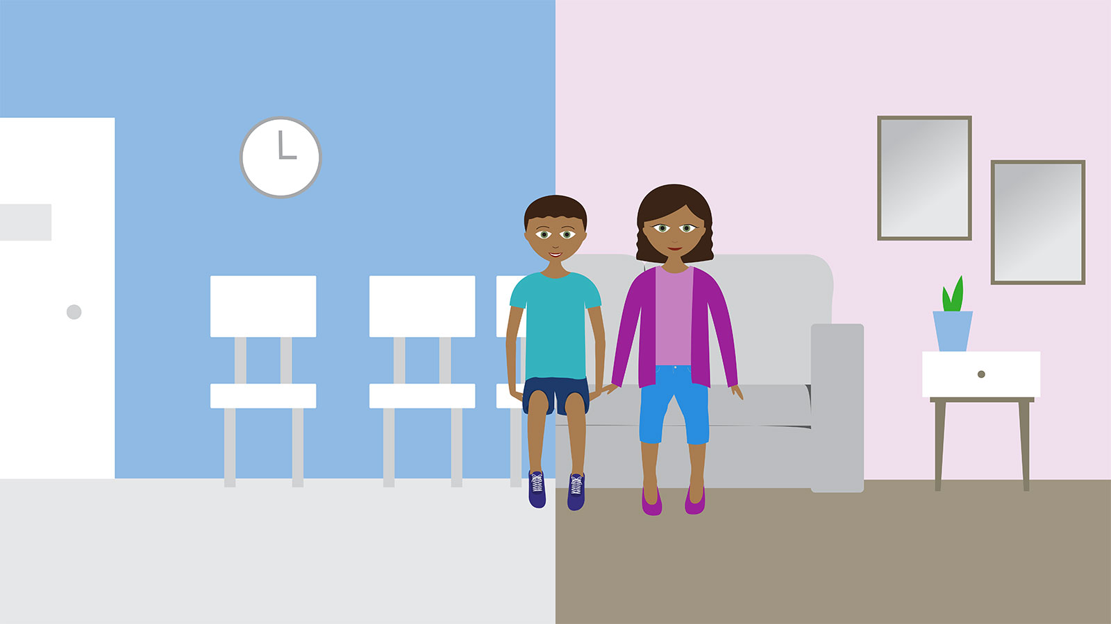 Visual of a family waiting in a waiting room versus waiting in a living room