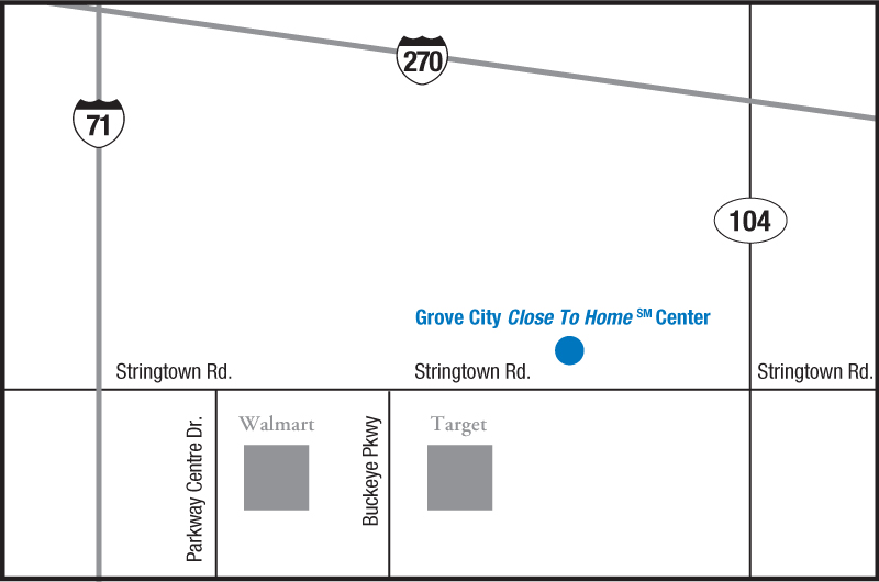 Map indicates location of Grove City Close To Home Center off Stringtown Rd, between Buckeye Parkway and 104.