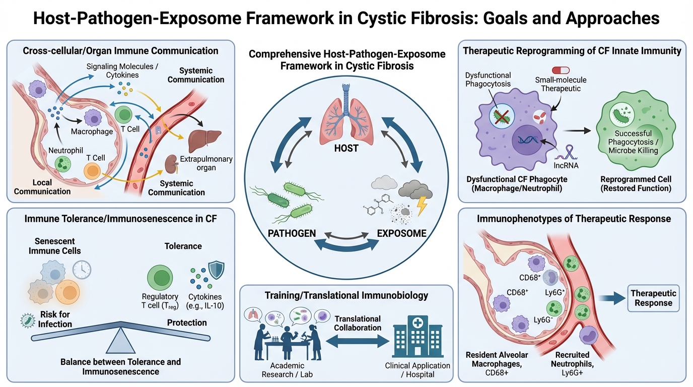  Illustrated infographic titled “Host–Pathogen–Exposome Framework in Cystic Fibrosis: Goals and Approaches.” The center panel shows lungs labeled “Host” interacting in a circular cycle with “Pathogen” and “Exposome.” Surrounding panels depict key concepts: cross‑cellular and organ immune communication involving macrophages, neutrophils, T cells, cytokines, and systemic signaling; immune tolerance and immunosenescence in cystic fibrosis showing balance between infection risk and immune protection; therapeutic reprogramming of dysfunctional cystic fibrosis phagocytes into restored, microbe‑killing cells using small‑molecule or RNA‑based therapies; immunophenotypes of therapeutic response involving alveolar macrophages and recruited neutrophils; and training or translational immunobiology connecting laboratory research to clinical application.