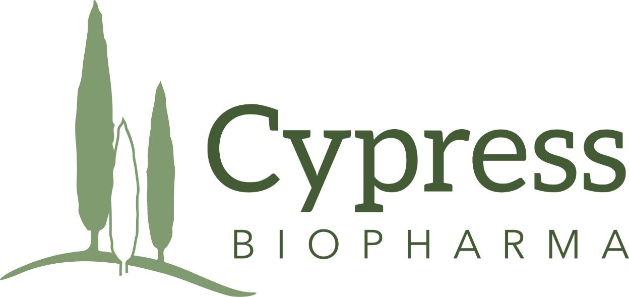 Logo for Cypress Biopharma featuring two stylized cypress trees in green on a curved line, with the word 'Cypress' in large green lettering and 'Biopharma' in smaller uppercase green text beneath it.