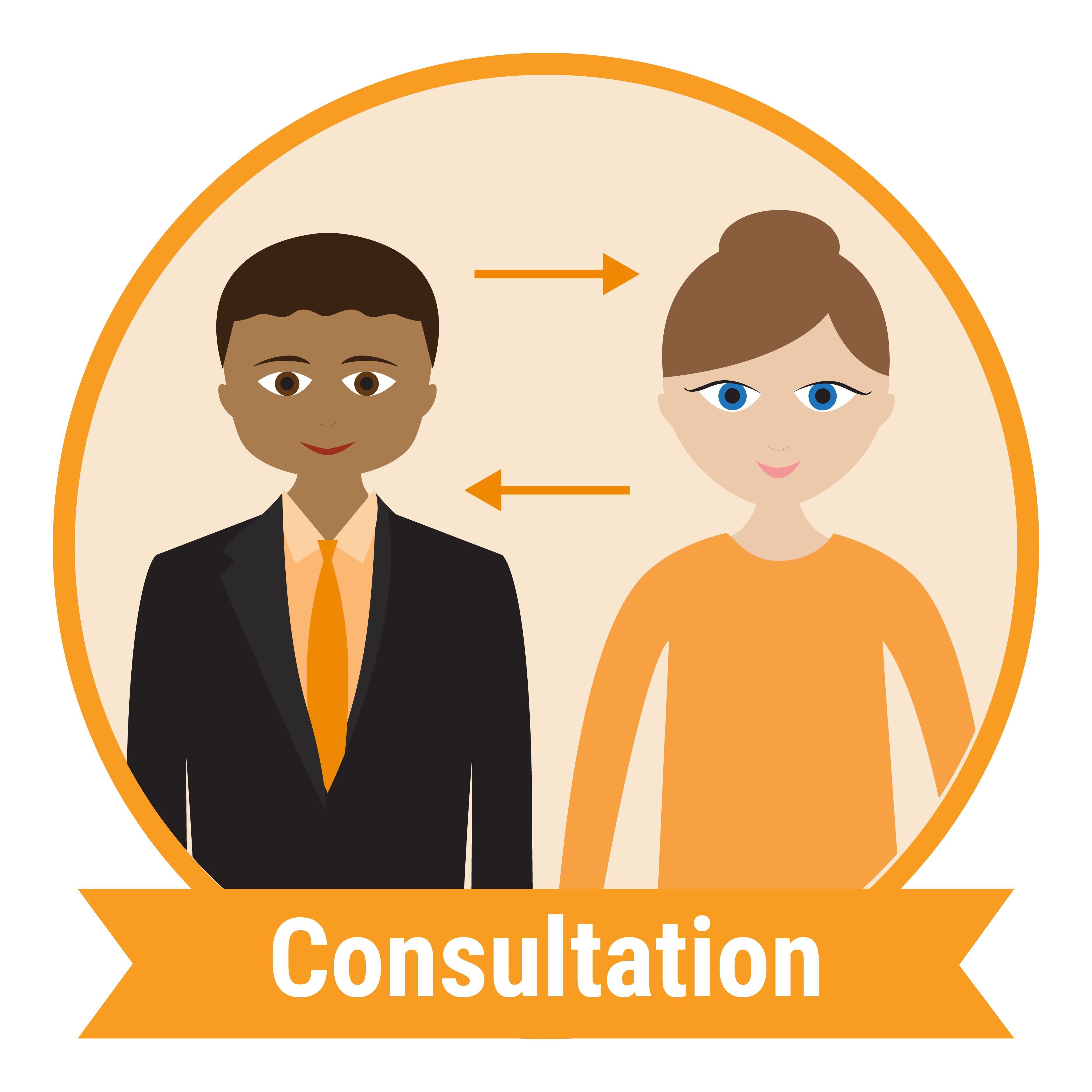 Illustration of a male and female professional in an orange circle with the word Consultation underneath