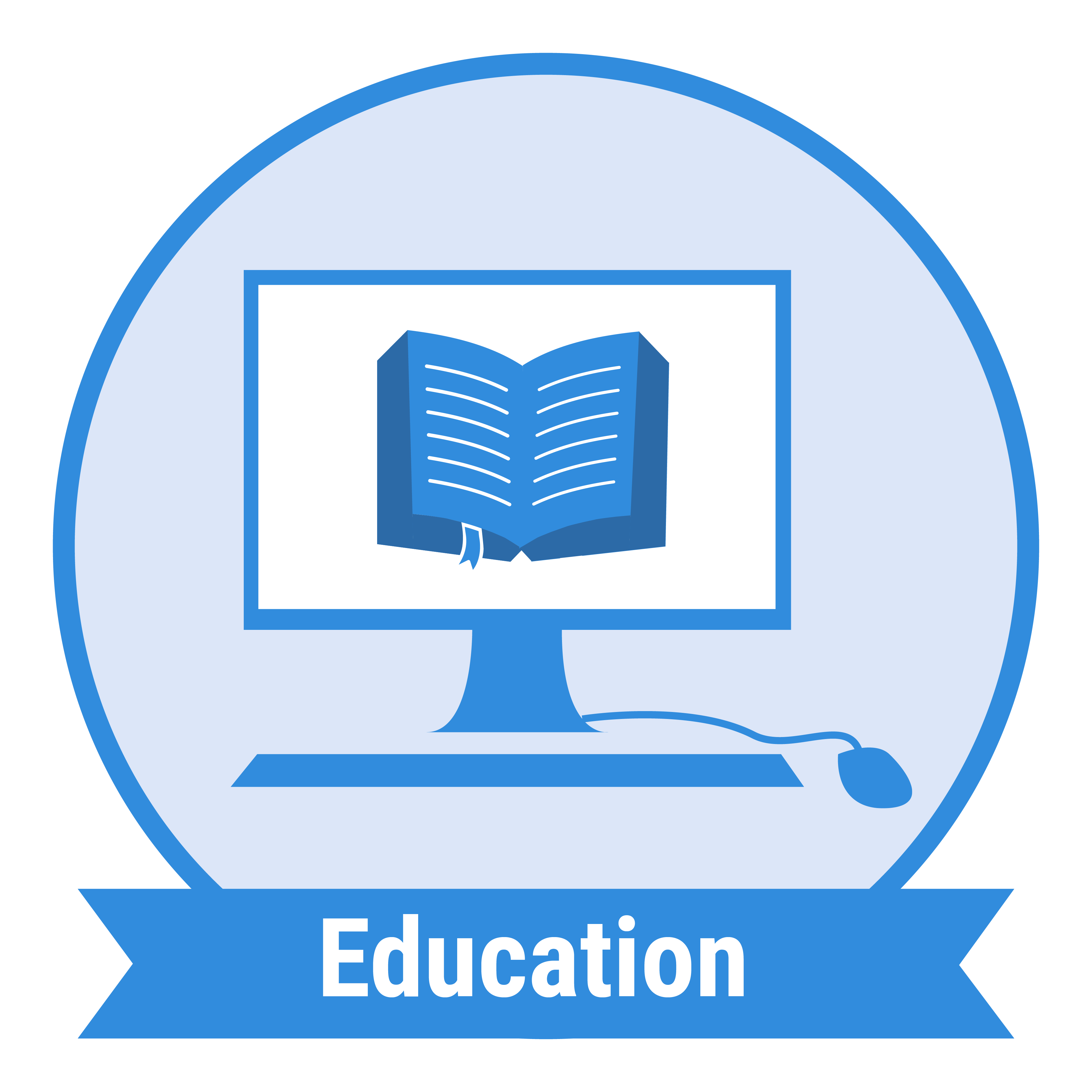 A computer screen with a book in it with the word Education in blue underneath