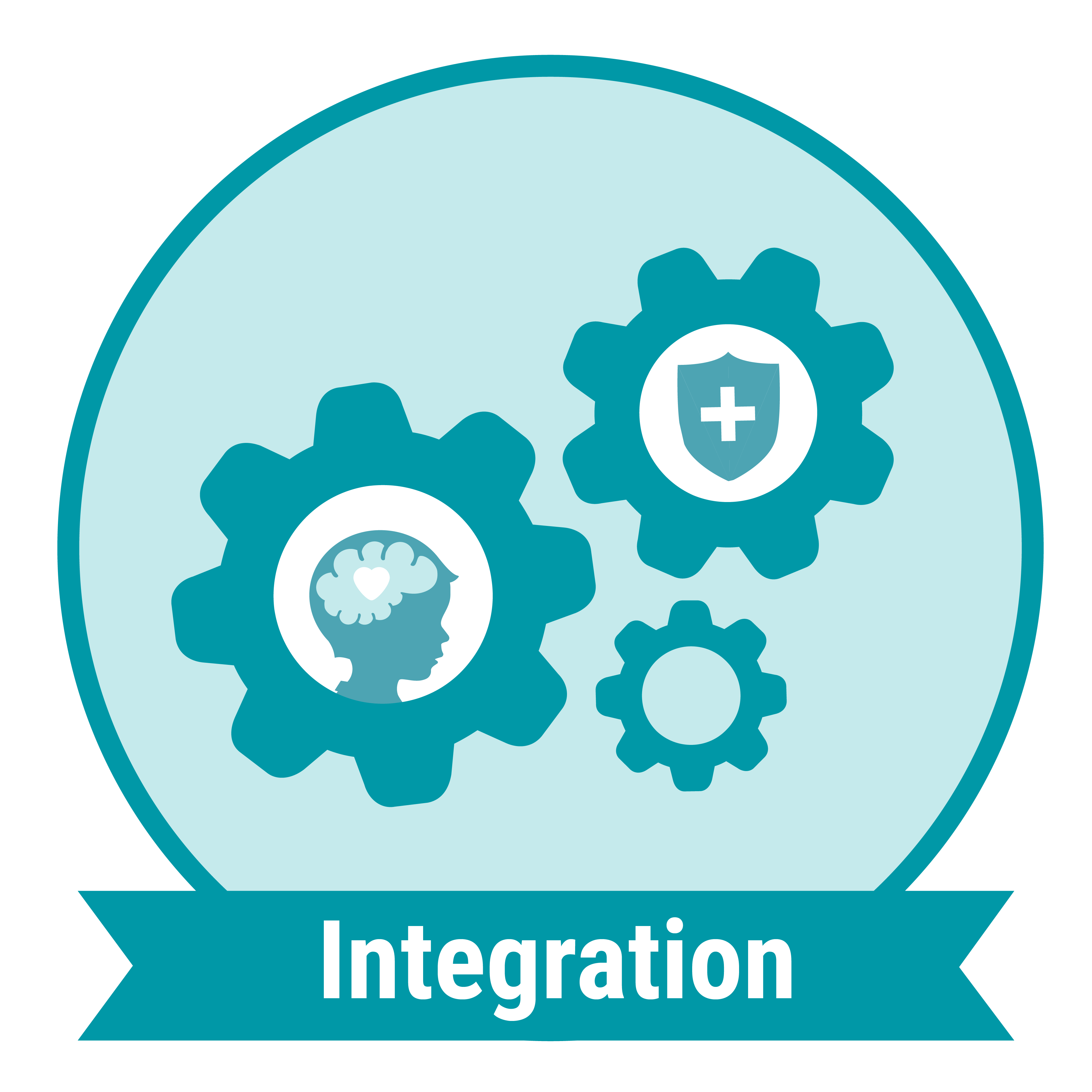Three teal wheels with the word Integration underneath