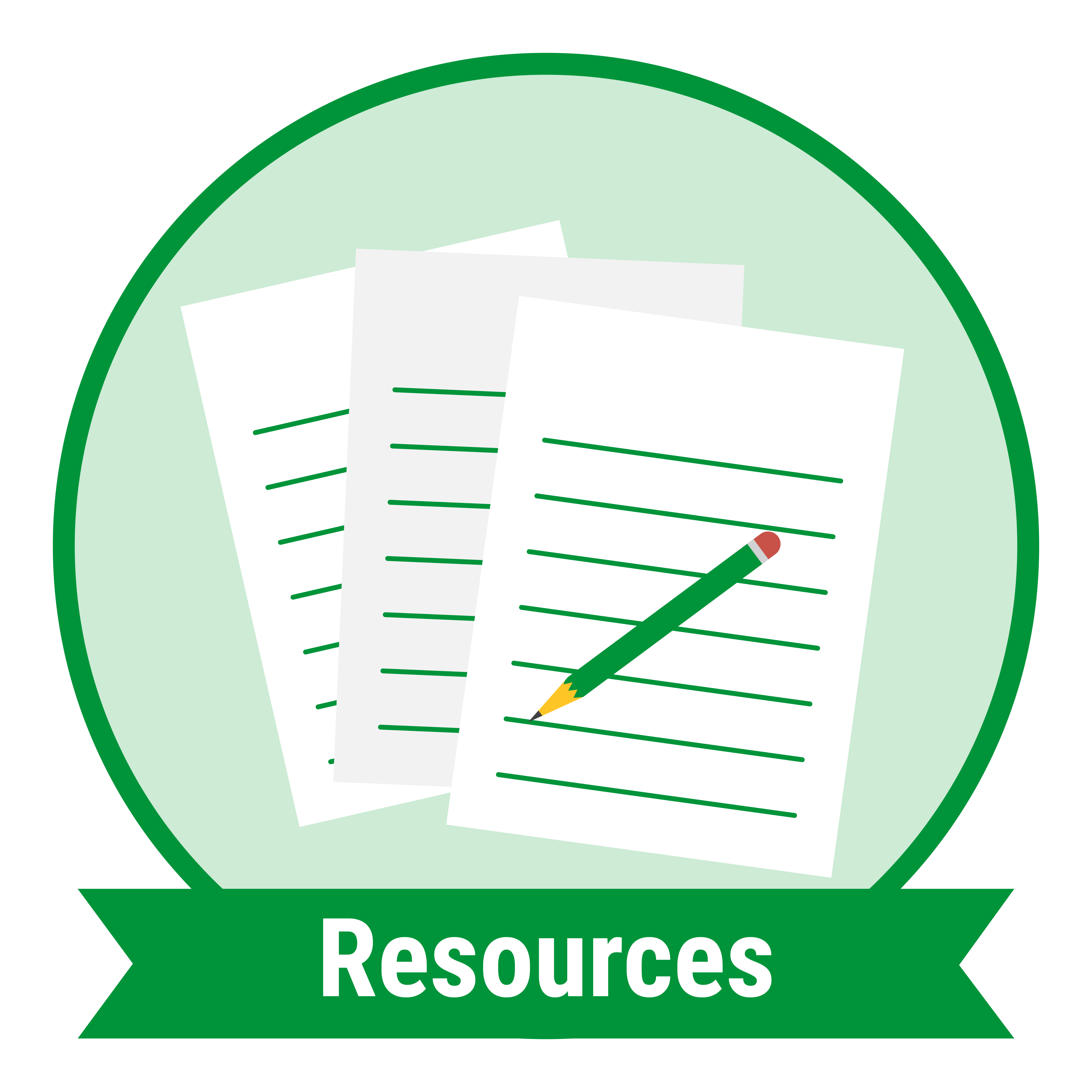 Three papers and a pencil in a green circle with the word resources underneath