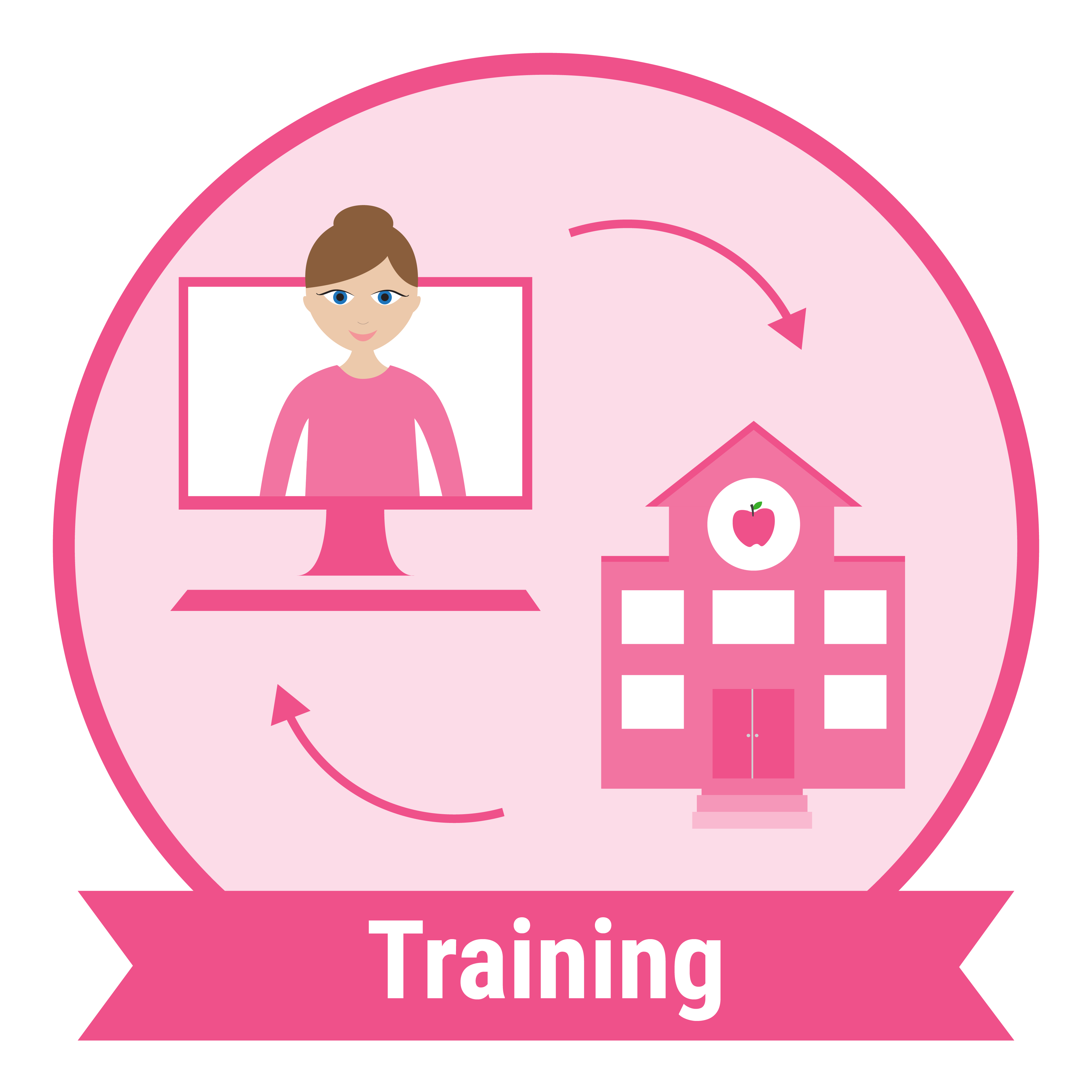 A woman on a screen and an education building in a pink circle with the word 