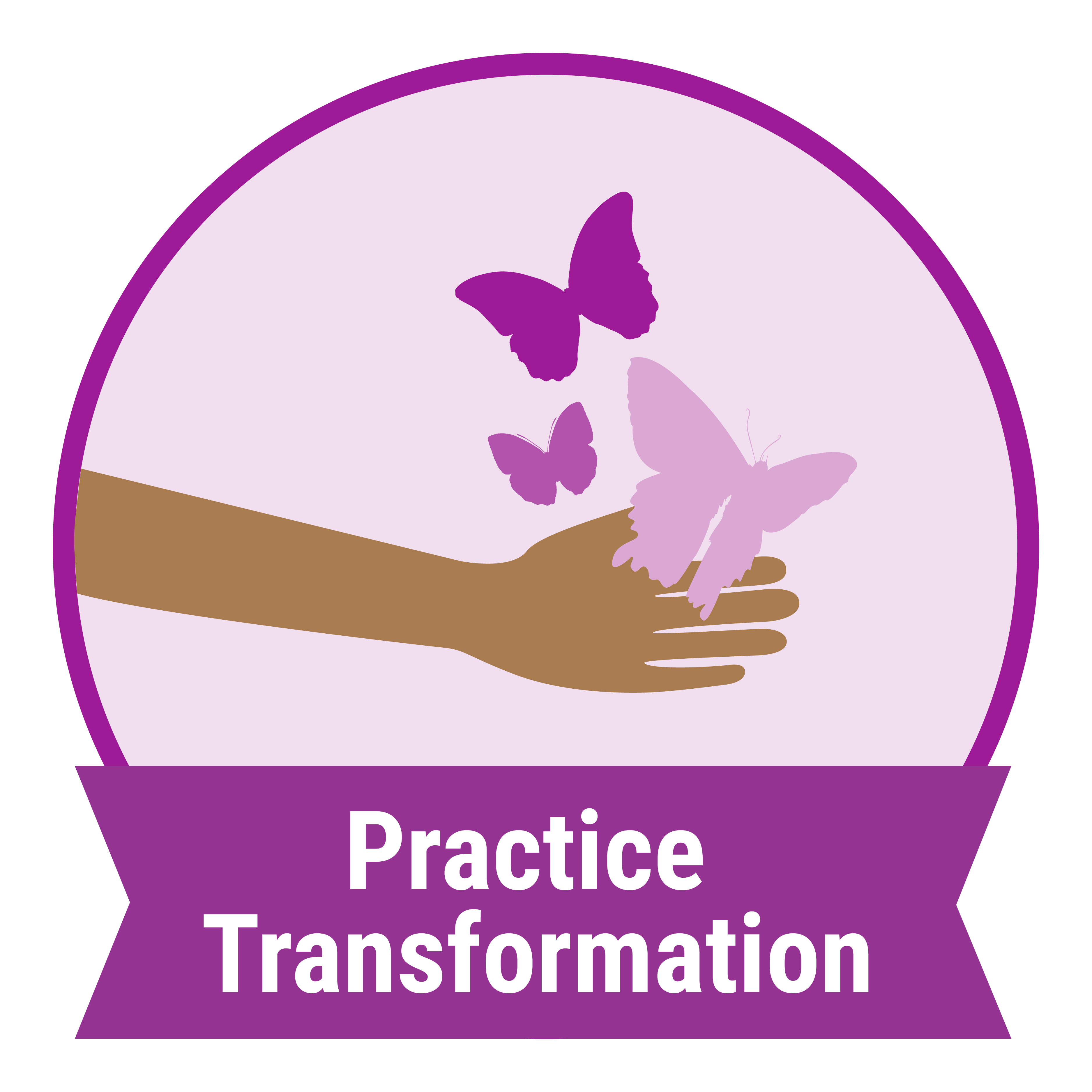 A hand with three butterflies in a purple circle with the words 