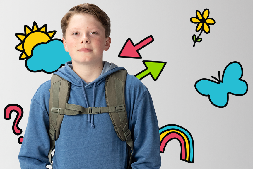 A smiling pre teen boy is wearing a back pack. Vibrant graphics are in the background behind him.