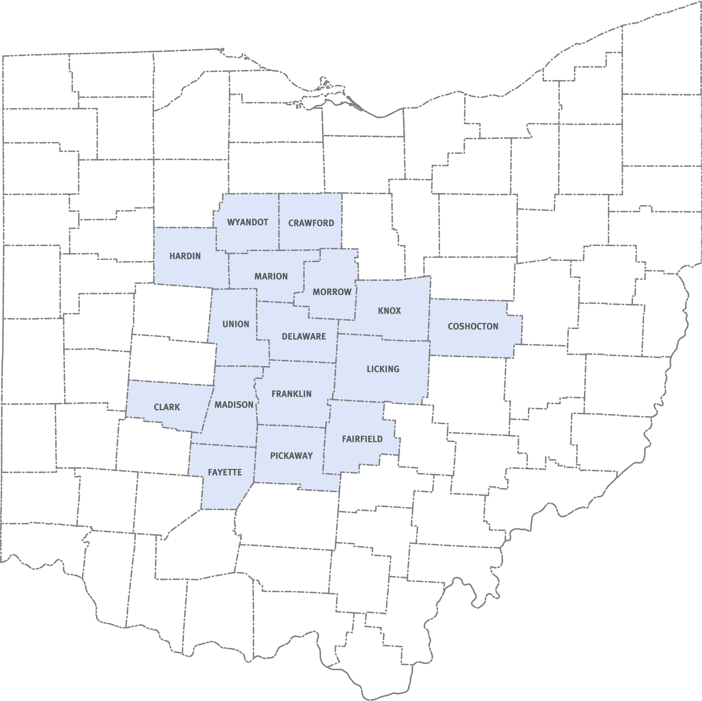 Ohio map highlights a 16 county region within Central Ohio
