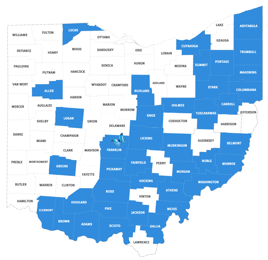 Map of Ohio counties where we have provided consultation, 2019-2023