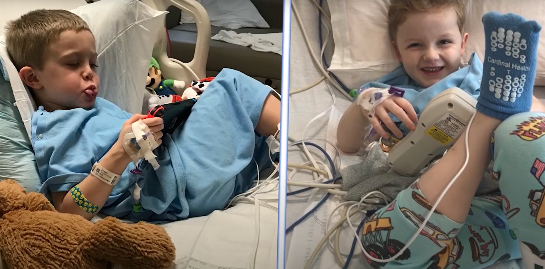 Two children laying in hospital beds. 