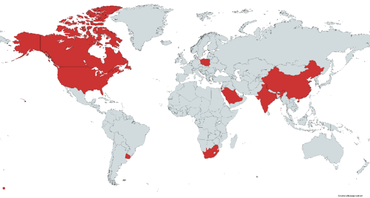 Countries shown in red: United States, Canada, Uruguay, Saudi Arabia, Poland, Kuwait, India, South Africa, Israel and China.